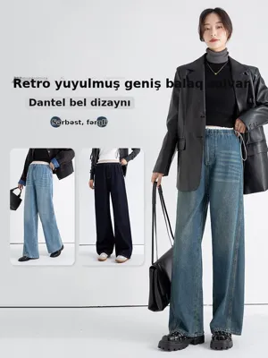 Hamilə cins şalvarı, geniş balaq, bağcıqlı
