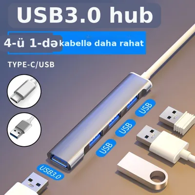 USB 3.0 hub 4 portlu Type-C adapterli